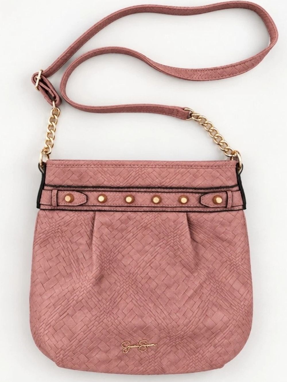 Jessica Simpson Dusty Rose Woven Crossbody with Gold Chain Accents